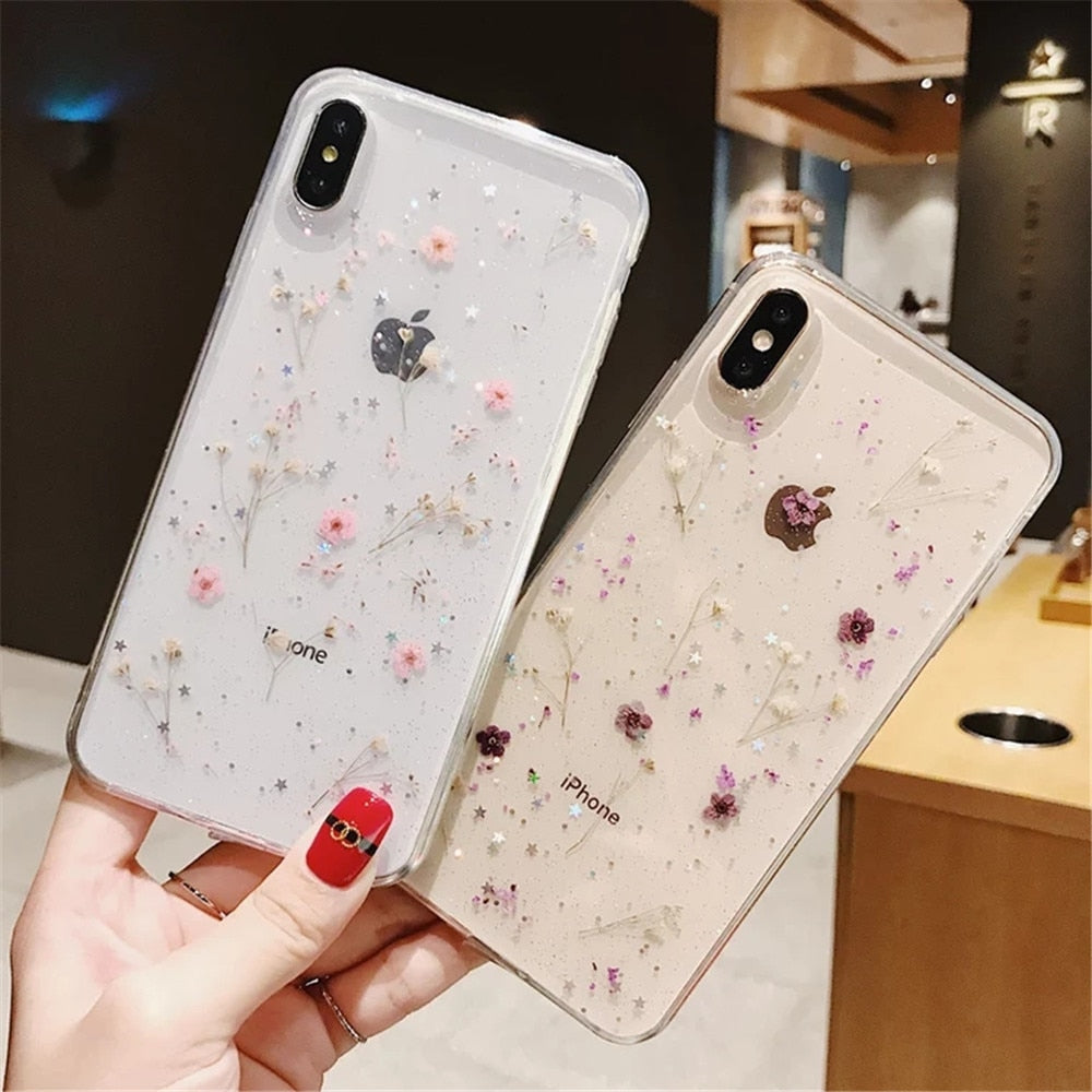 Real Flowers Dried Flowers Transparent Soft TPU Cover For Coque iPhone X 6 6S 7 8 plus Phone Case For iphone XS Max XR Cover