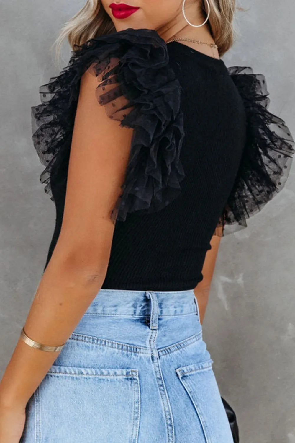 Ruffled Round Neck Cap Sleeve Blouse