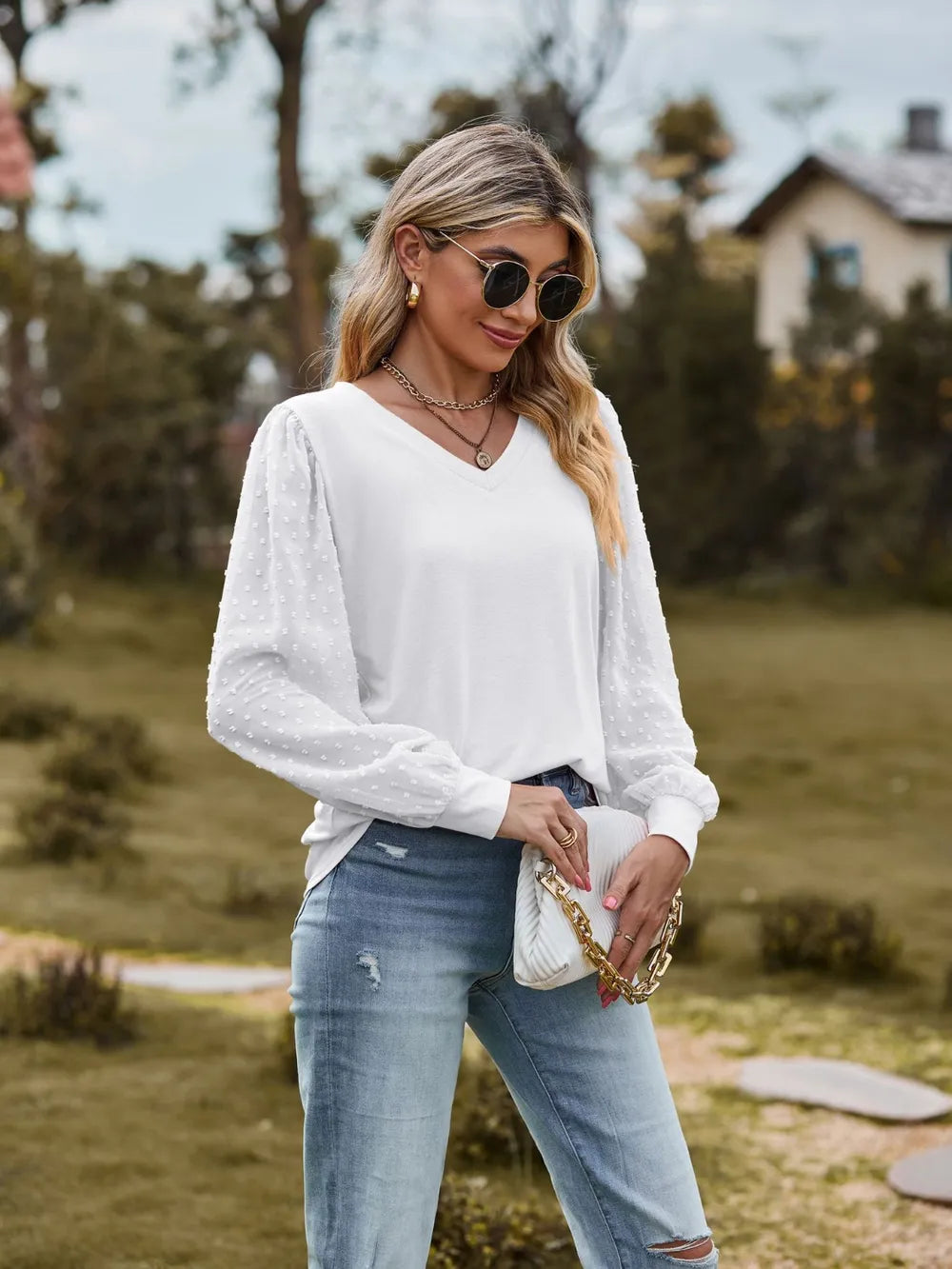 V-Neck Long Sleeve Blouse