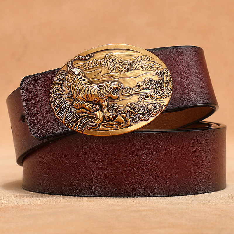 Vintage belt men's buckle belt genuine leather lengthened plus size 140150cm pure cowhide smooth buckle jeans belt