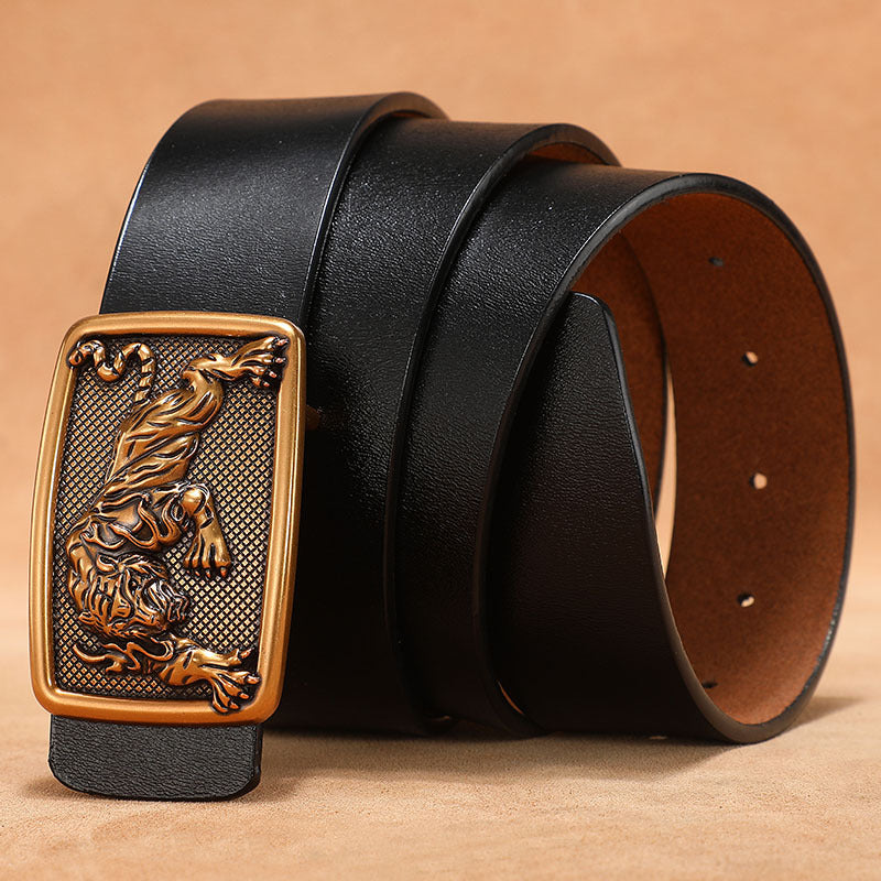 Men's Belt with Smooth Buckle, Genuine Leather, Extended Size 140Cm/150Cm, Pure Cowhide Waist Belt, Trendy Vintage Style
