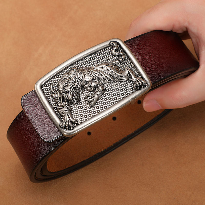 Men's Belt with Smooth Buckle, Genuine Leather, Extended Size 140Cm/150Cm, Pure Cowhide Waist Belt, Trendy Vintage Style
