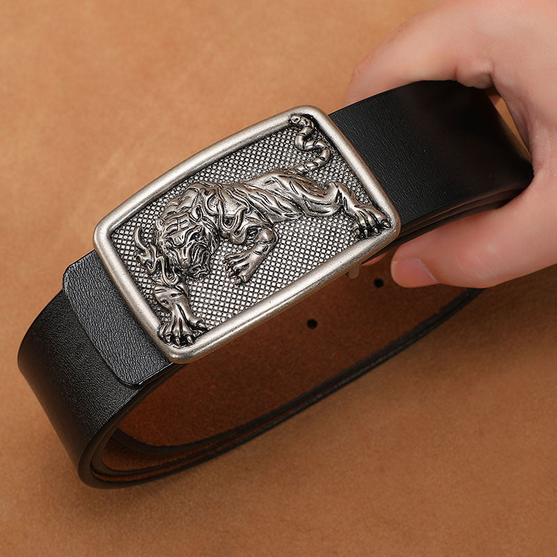 Men's Belt with Smooth Buckle, Genuine Leather, Extended Size 140Cm/150Cm, Pure Cowhide Waist Belt, Trendy Vintage Style