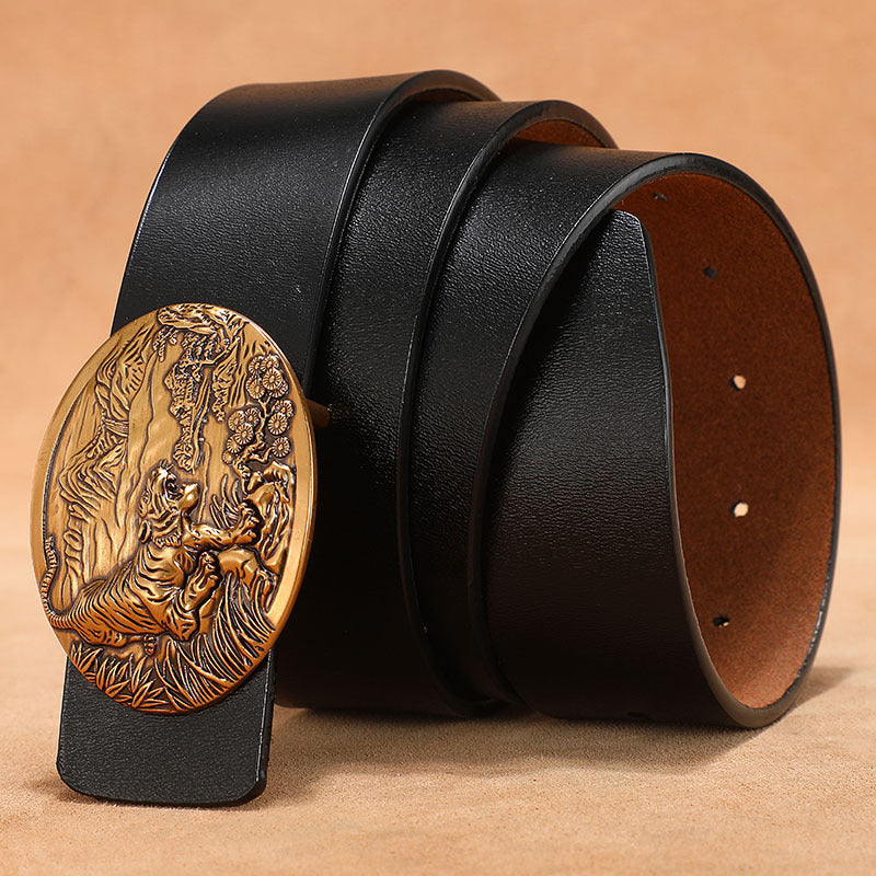 Vintage belt men's buckle belt genuine leather lengthened plus size 140150cm pure cowhide smooth buckle jeans belt