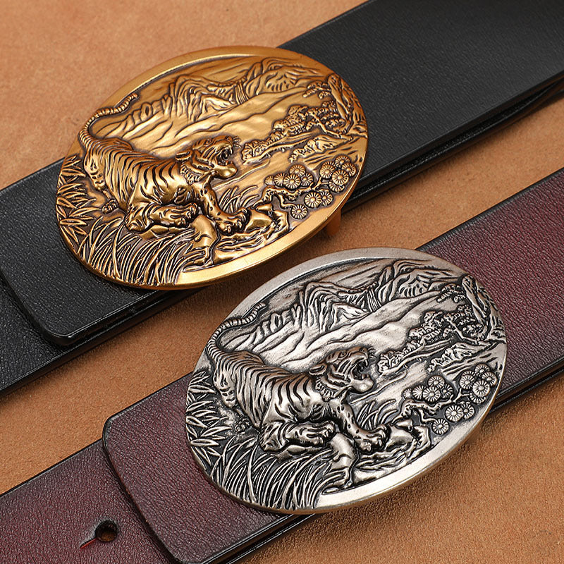 Vintage belt men's buckle belt genuine leather lengthened plus size 140150cm pure cowhide smooth buckle jeans belt