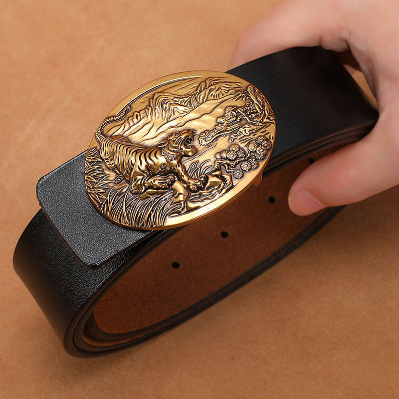 Vintage belt men's buckle belt genuine leather lengthened plus size 140150cm pure cowhide smooth buckle jeans belt
