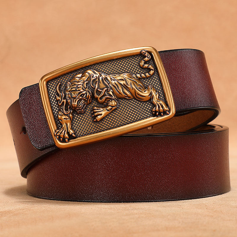 Men's Belt with Smooth Buckle, Genuine Leather, Extended Size 140Cm/150Cm, Pure Cowhide Waist Belt, Trendy Vintage Style