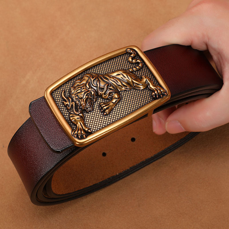 Men's Belt with Smooth Buckle, Genuine Leather, Extended Size 140Cm/150Cm, Pure Cowhide Waist Belt, Trendy Vintage Style