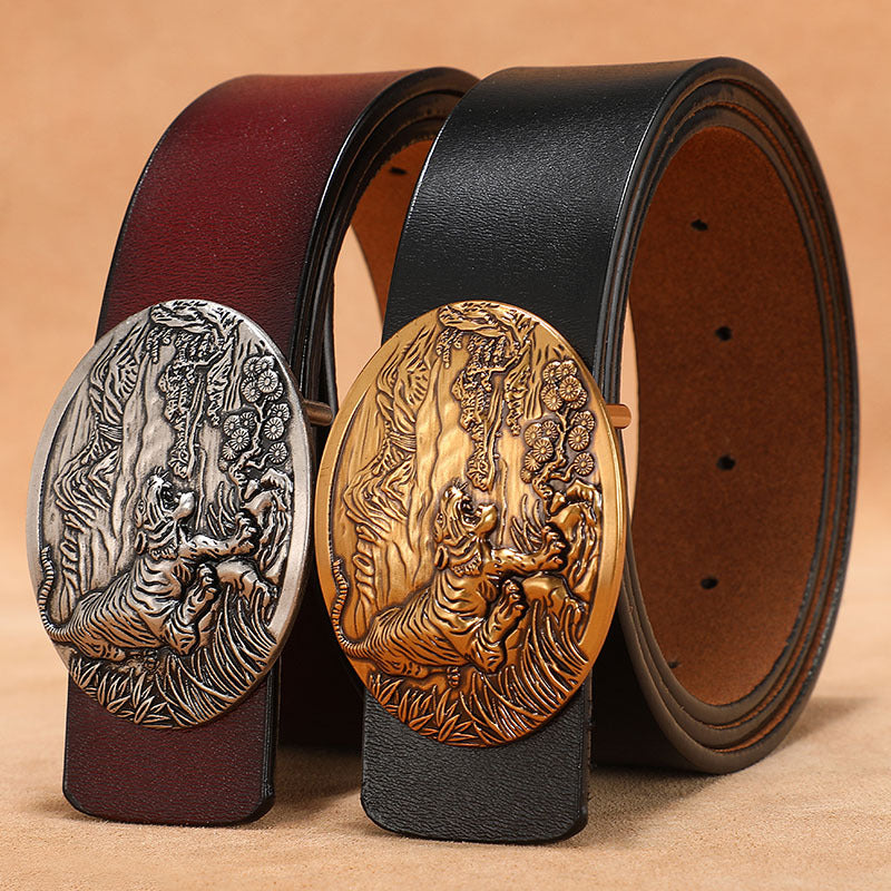 Vintage belt men's buckle belt genuine leather lengthened plus size 140150cm pure cowhide smooth buckle jeans belt