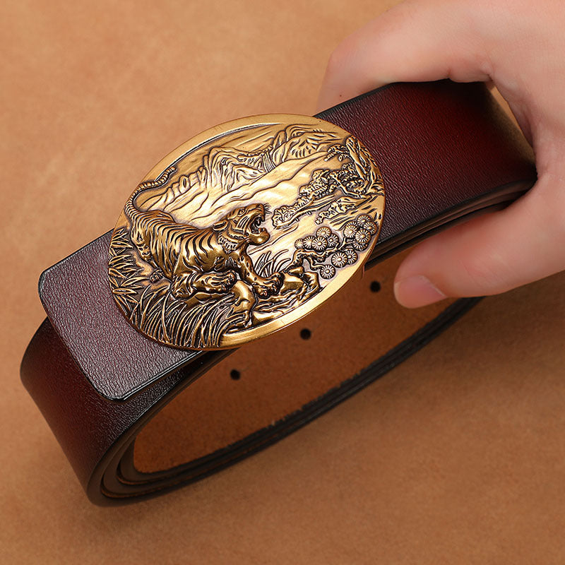 Vintage belt men's buckle belt genuine leather lengthened plus size 140150cm pure cowhide smooth buckle jeans belt