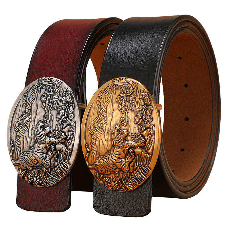 Vintage belt men's buckle belt genuine leather lengthened plus size 140150cm pure cowhide smooth buckle jeans belt