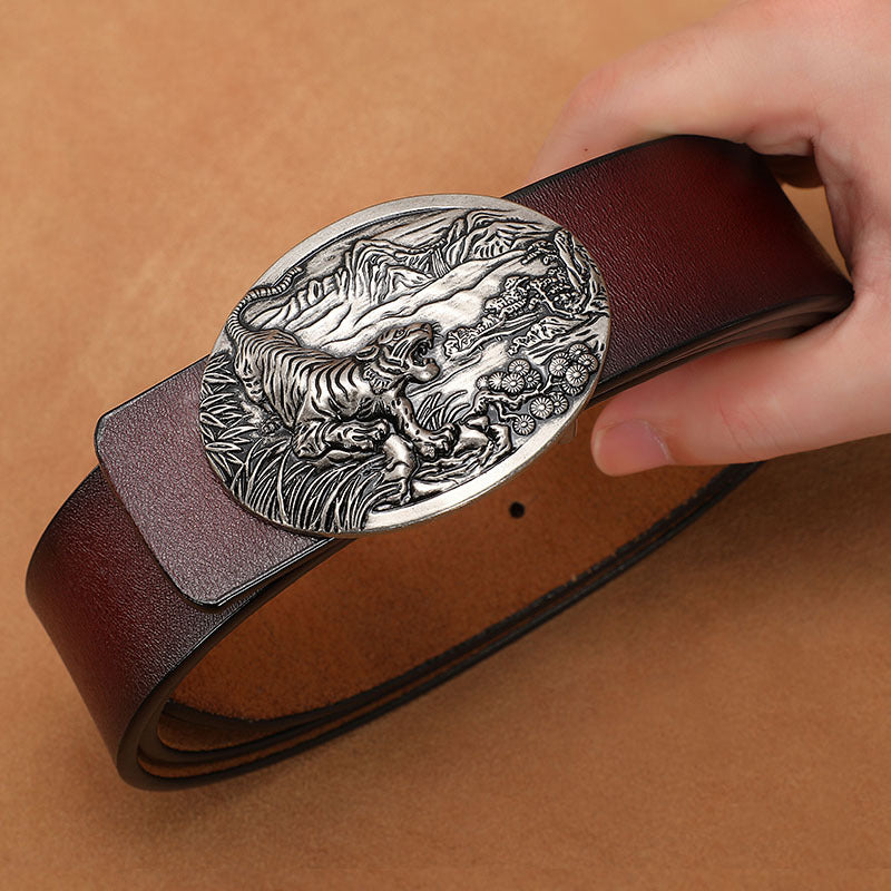 Vintage belt men's buckle belt genuine leather lengthened plus size 140150cm pure cowhide smooth buckle jeans belt