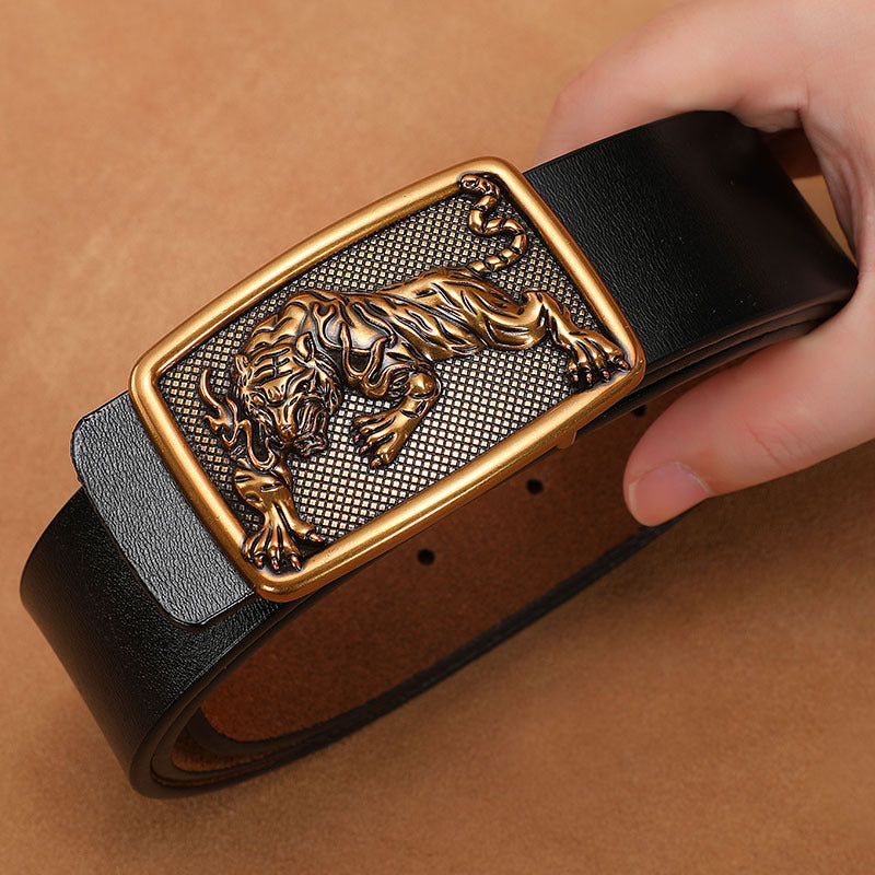 Men's Belt with Smooth Buckle, Genuine Leather, Extended Size 140Cm/150Cm, Pure Cowhide Waist Belt, Trendy Vintage Style