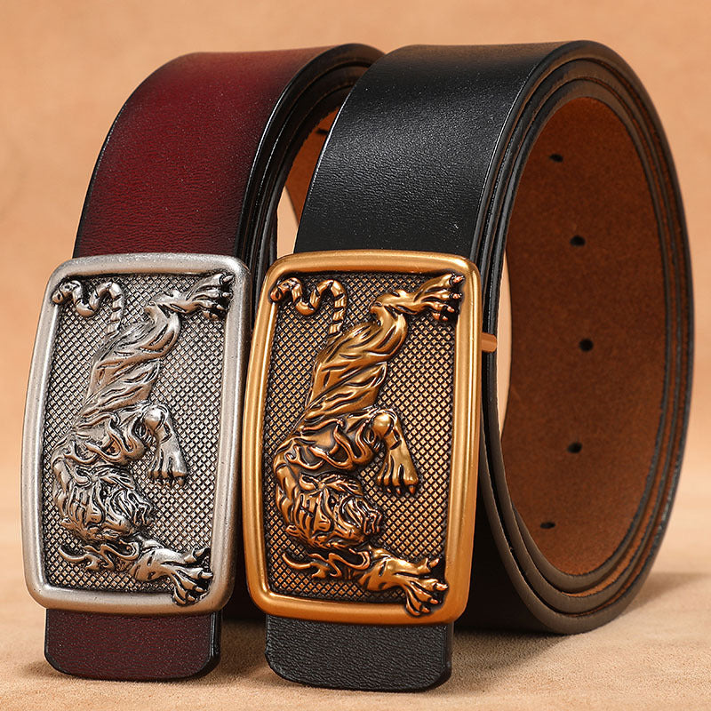 Men's Belt with Smooth Buckle, Genuine Leather, Extended Size 140Cm/150Cm, Pure Cowhide Waist Belt, Trendy Vintage Style