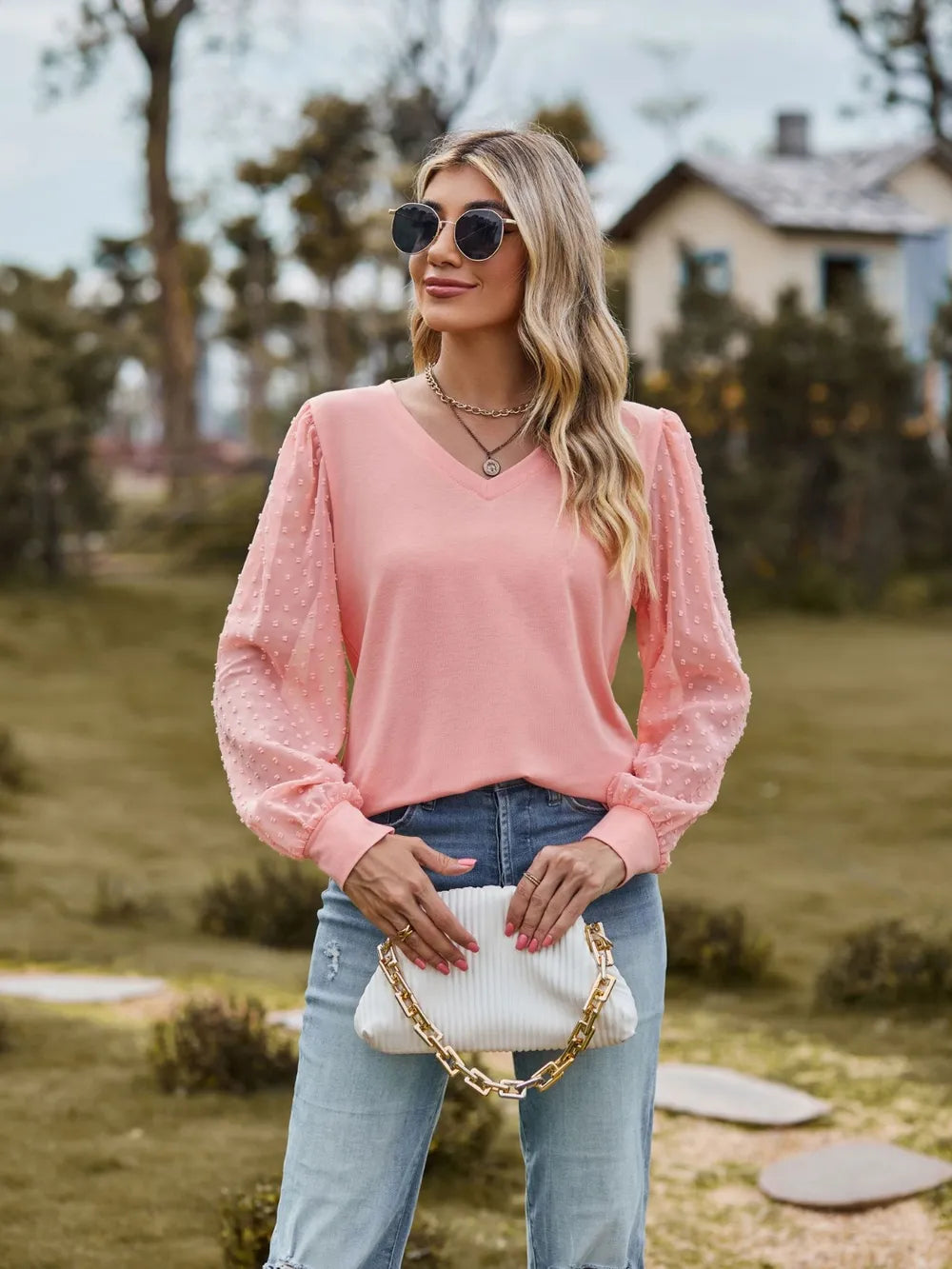 V-Neck Long Sleeve Blouse