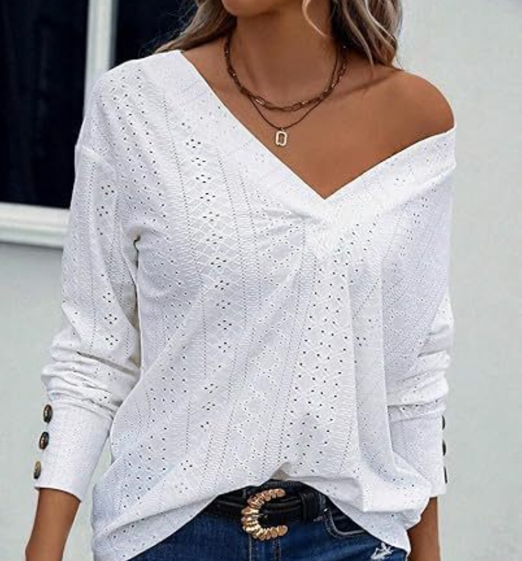 Eyelet V-Neck Long Sleeve Blouse