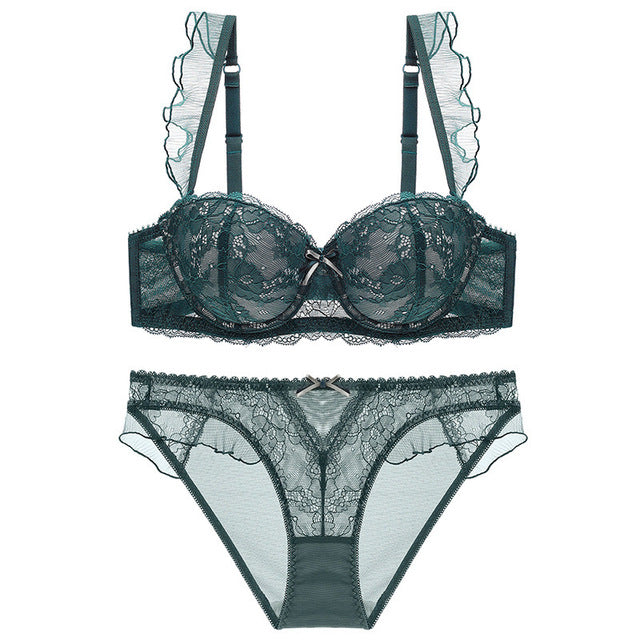 Breast Gather 3/4 Cup padding Bras Underwear women Straps Summer push-up bras with see-Through Panty Bra Set For Young Girls