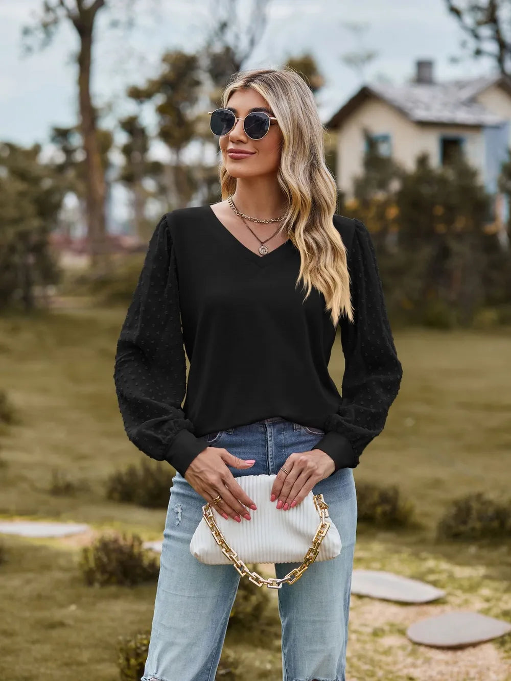 V-Neck Long Sleeve Blouse