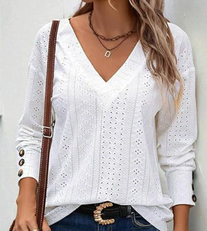 Eyelet V-Neck Long Sleeve Blouse