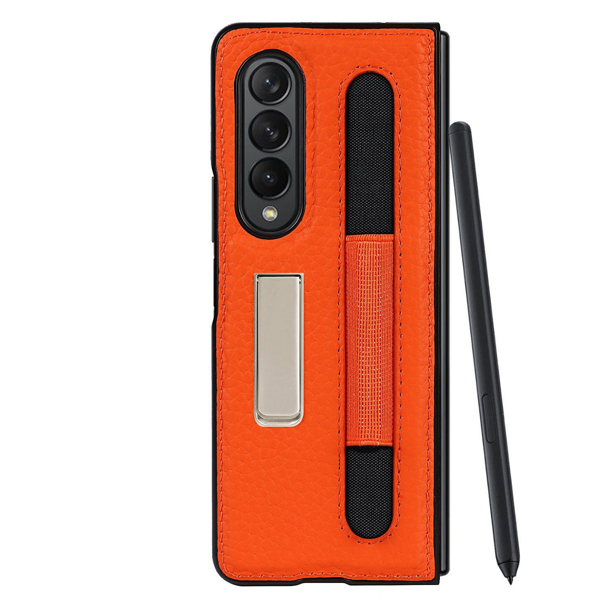 Suitable For Samsung Galaxy Z Fold3 Real Phone Case Zfold3 Protective Sleeve Lychee Pen Bag 5G Bracket Integrated Pen Bag