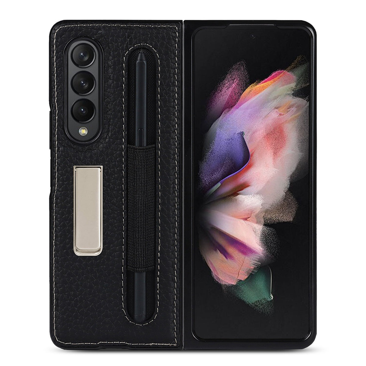 Suitable For Samsung Galaxy Z Fold3 Real Phone Case Zfold3 Protective Sleeve Lychee Pen Bag 5G Bracket Integrated Pen Bag