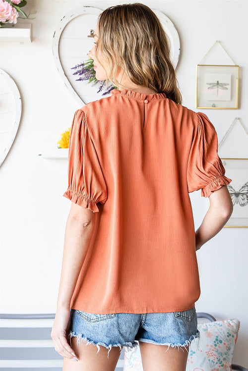 Brown Crochet Frilled Neck Puff Sleeve Blouse