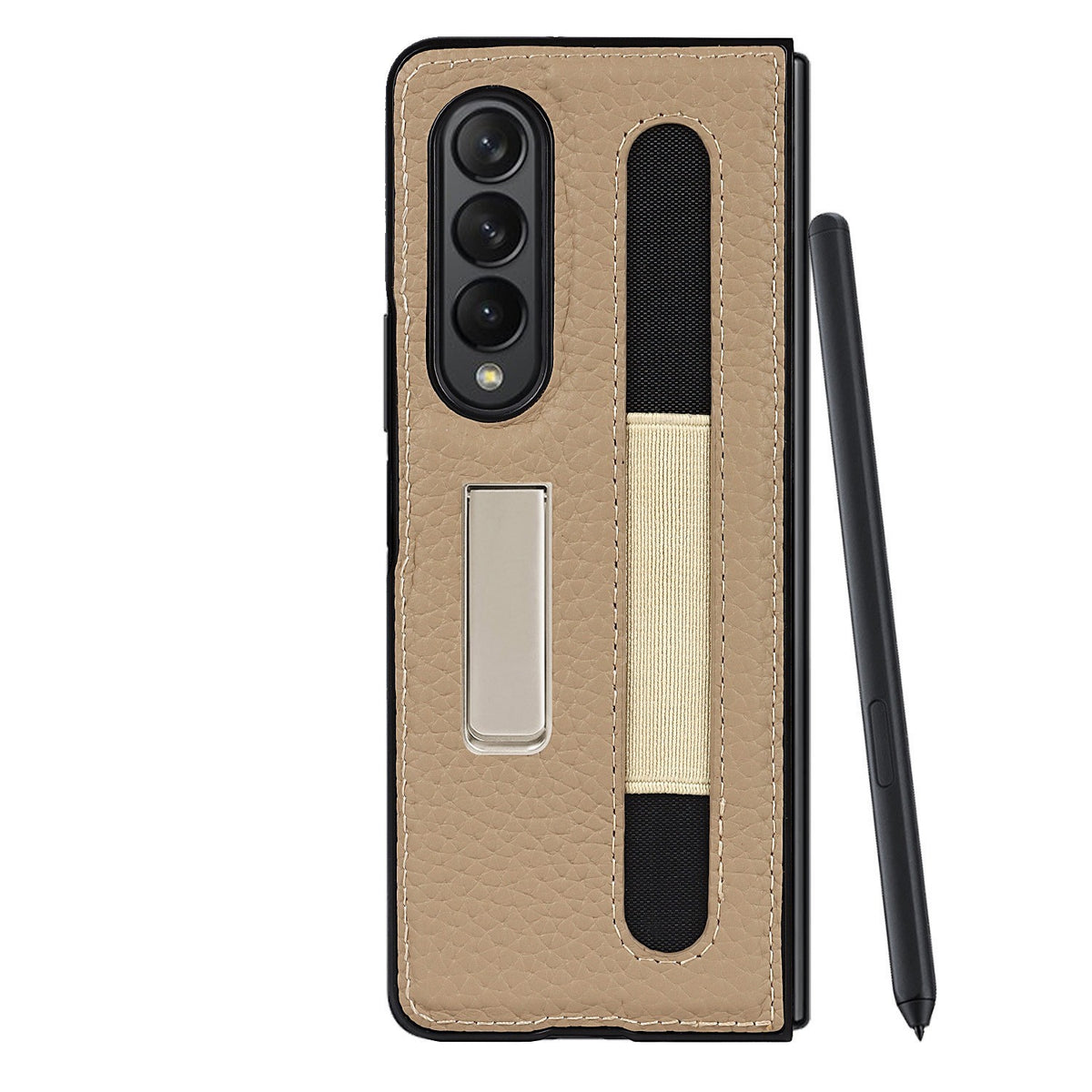 Suitable For Samsung Galaxy Z Fold3 Real Phone Case Zfold3 Protective Sleeve Lychee Pen Bag 5G Bracket Integrated Pen Bag