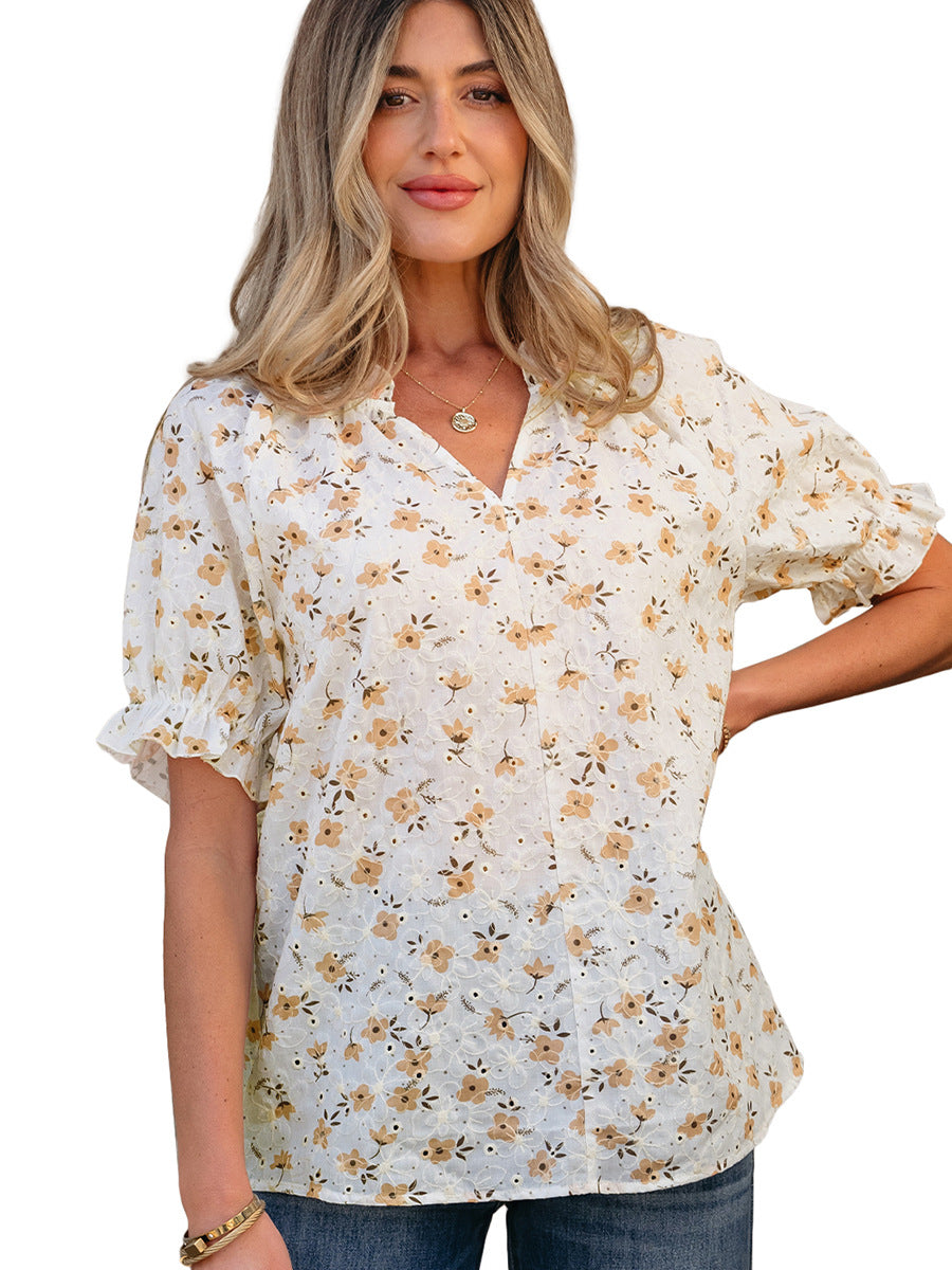 Frill Printed Notched Short Sleeve Blouse