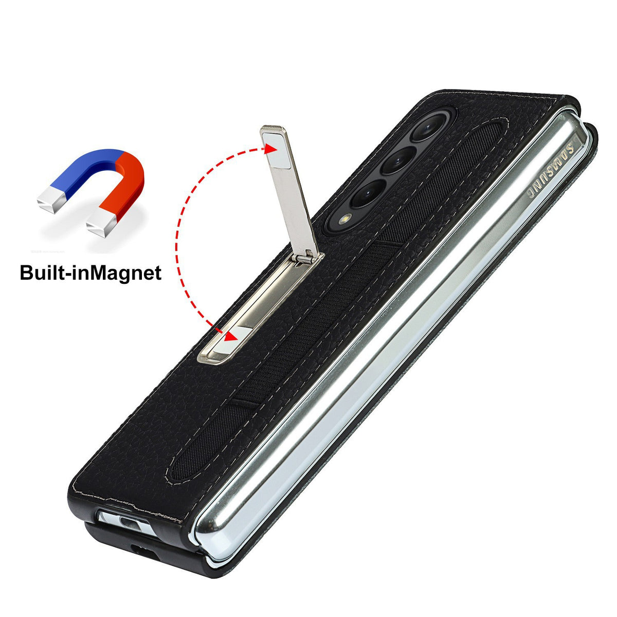 Suitable For Samsung Galaxy Z Fold3 Real Phone Case Zfold3 Protective Sleeve Lychee Pen Bag 5G Bracket Integrated Pen Bag