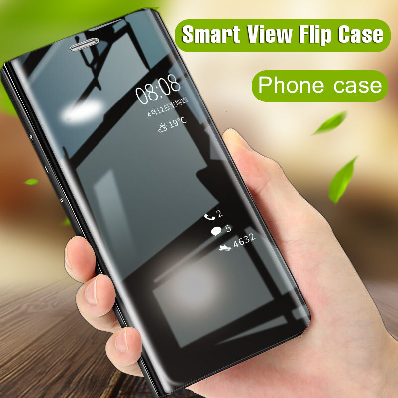 Clear View Flip Case For iphone XS XS Max XR X 8 7 6S 6 Plus Mirror Leather+PC Stand Cover For Samsung S8 S9 Plus A7 2018 Case