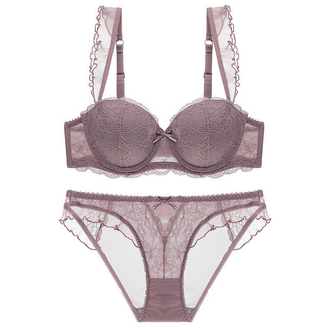 Breast Gather 3/4 Cup padding Bras Underwear women Straps Summer push-up bras with see-Through Panty Bra Set For Young Girls