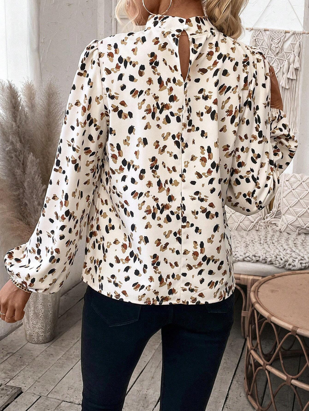 Printed Mock Neck Long Sleeve Blouse