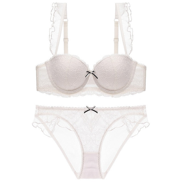 Breast Gather 3/4 Cup padding Bras Underwear women Straps Summer push-up bras with see-Through Panty Bra Set For Young Girls