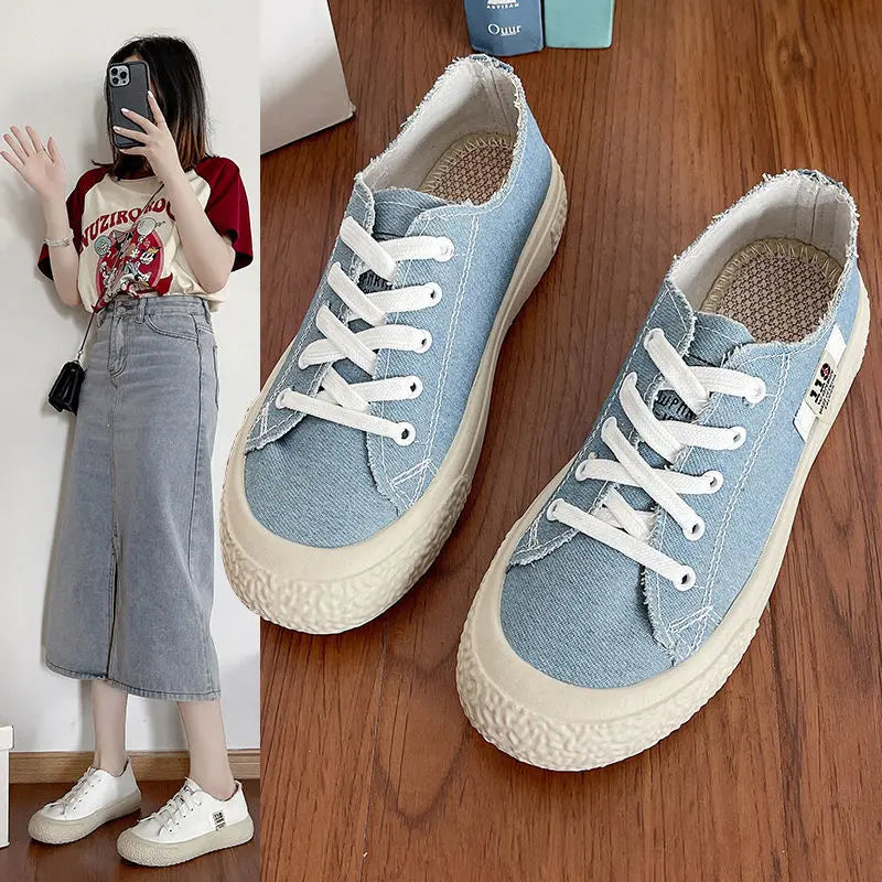 Thick soled canvas shoes for female students soft soled fashionable one foot sports shoes casual shoes