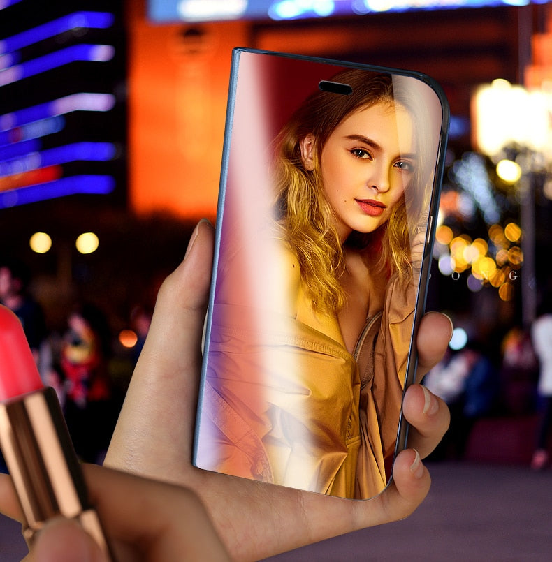 Clear View Flip Case For iphone XS XS Max XR X 8 7 6S 6 Plus Mirror Leather+PC Stand Cover For Samsung S8 S9 Plus A7 2018 Case