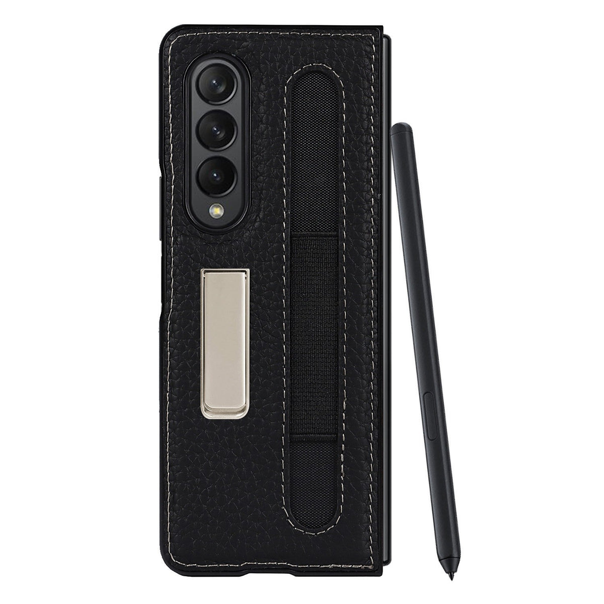 Suitable For Samsung Galaxy Z Fold3 Real Phone Case Zfold3 Protective Sleeve Lychee Pen Bag 5G Bracket Integrated Pen Bag