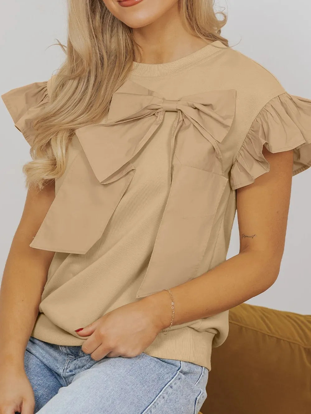 Bow Ruffled Round Neck Cap Sleeve Blouse