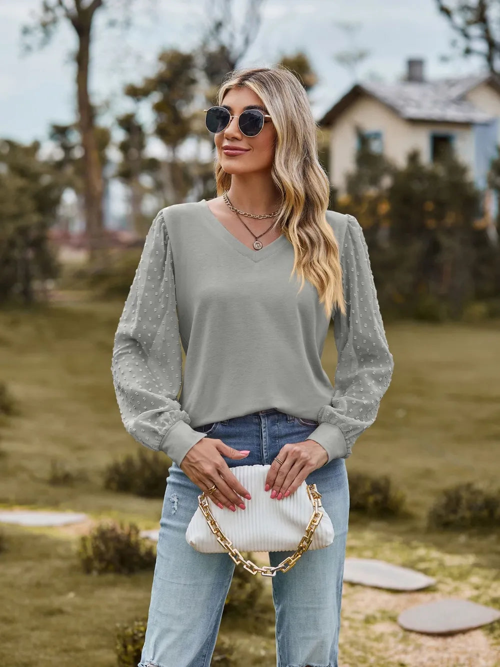 V-Neck Long Sleeve Blouse