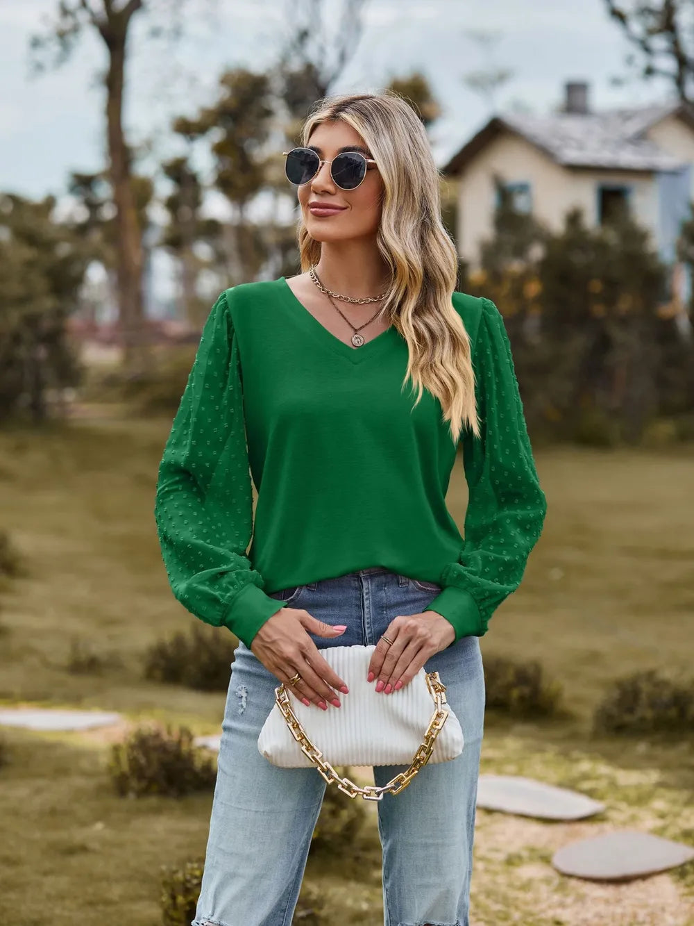 V-Neck Long Sleeve Blouse