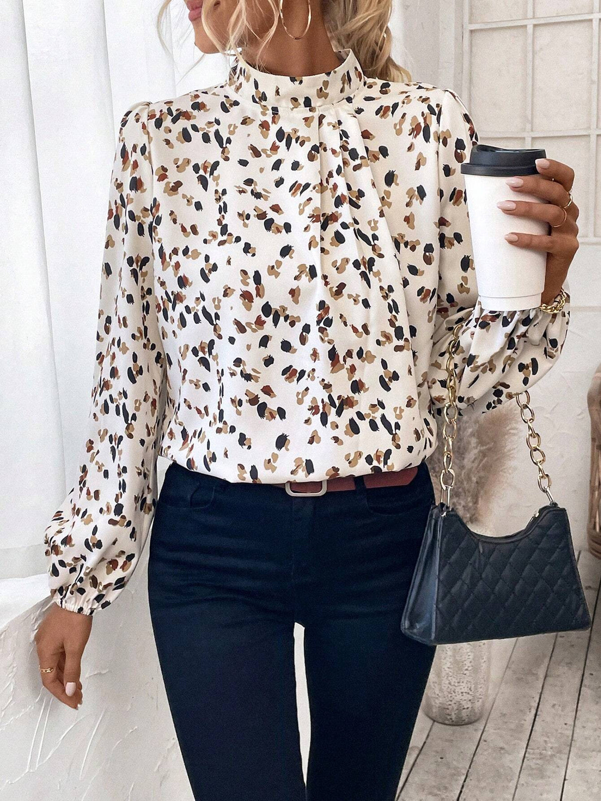 Printed Mock Neck Long Sleeve Blouse