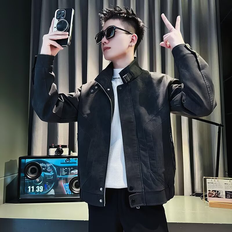 Casual Workwear Long Sleeve Leather Jacket Men Stand Collar Black Plus Size Outerwear