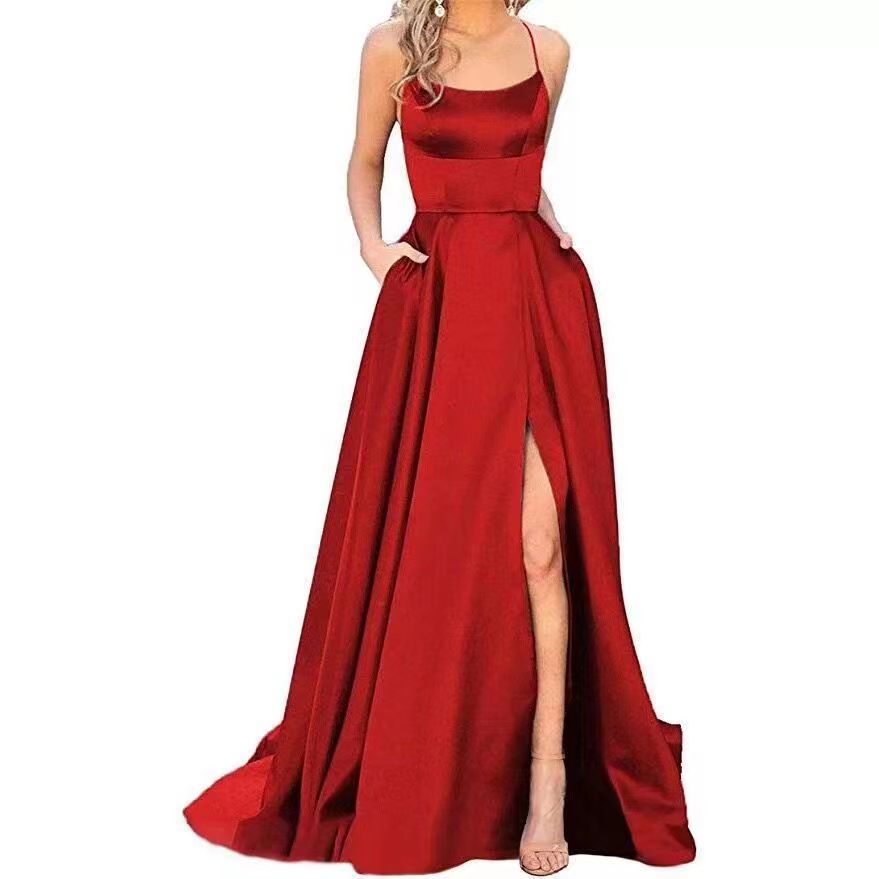 2023 Amazon European and American cross-border new bridesmaid dress long dress small tail strap solid color banquet evening dress