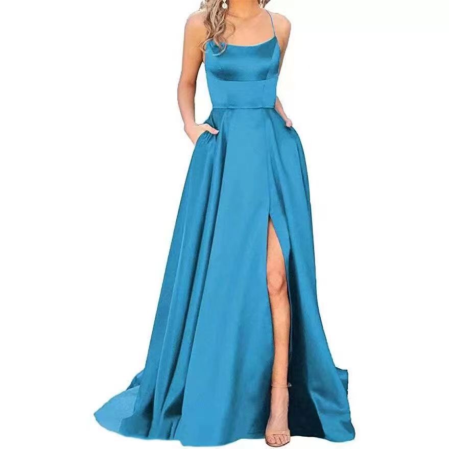 2023 Amazon European and American cross-border new bridesmaid dress long dress small tail strap solid color banquet evening dress