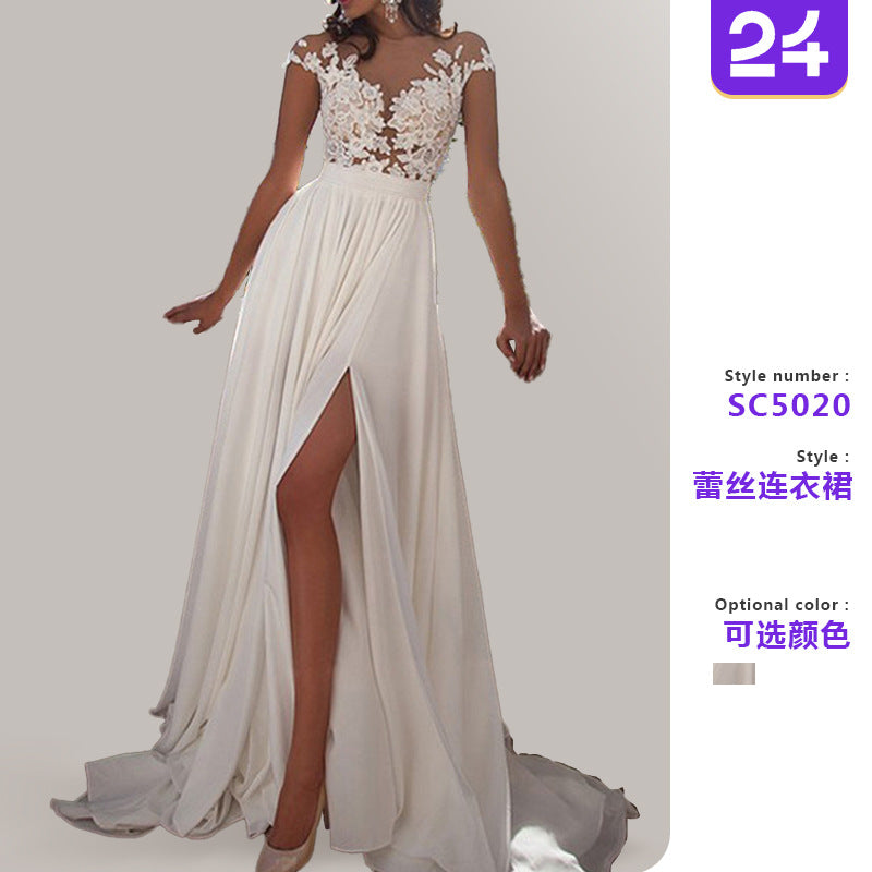 2026 European and American Foreign Trade Cross-Border New Wedding Dresses Amazon Wish Sexy Lace Slit Evening Dress Wholesale