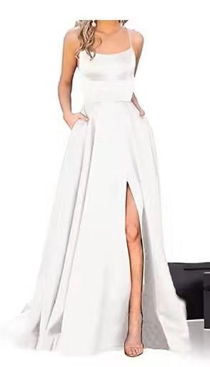 2023 Amazon European and American cross-border new bridesmaid dress long dress small tail strap solid color banquet evening dress