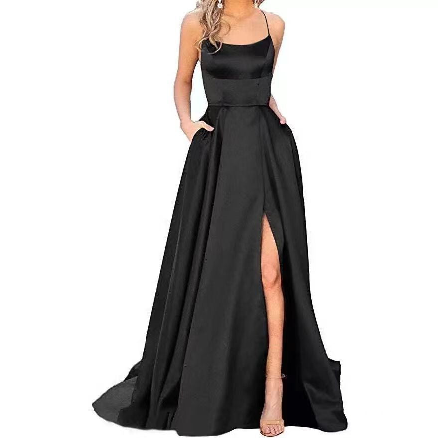 2023 Amazon European and American cross-border new bridesmaid dress long dress small tail strap solid color banquet evening dress