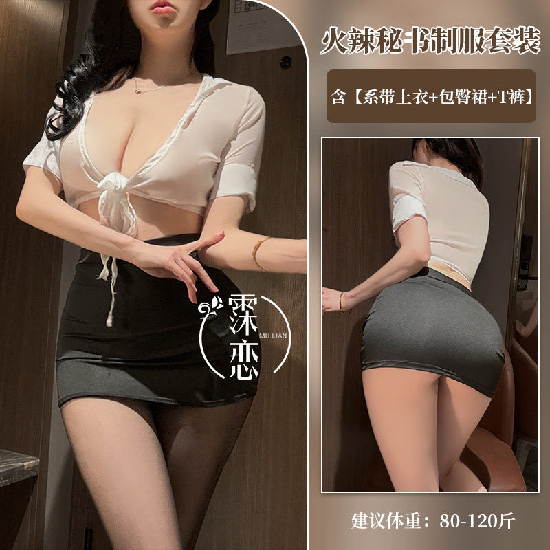 European and American Hot Sexy Lingerie See-Through Secretary Outfit Sexy Tight-Fitting Hip-Hugging Teacher Ol Role-Playing Uniform Temptation
