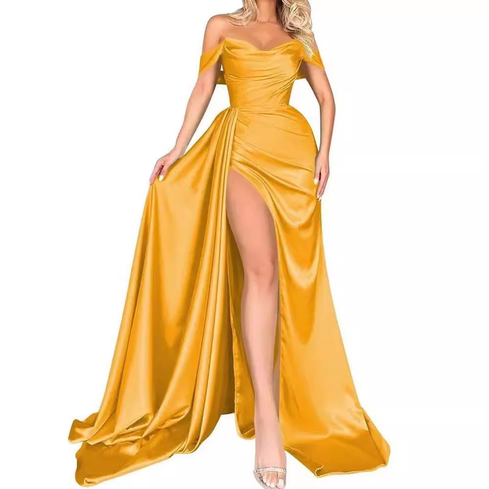 2025 Direct Sales Cross-Border Foreign Trade Banquet High Slit Sexy Host One-Shoulder Slimming Party Evening Dress