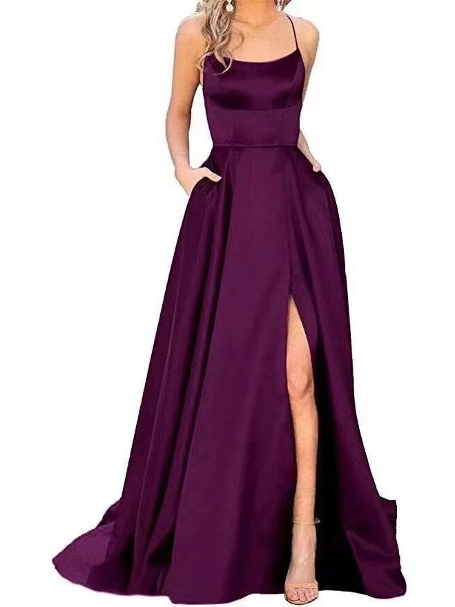 2023 Amazon European and American cross-border new bridesmaid dress long dress small tail strap solid color banquet evening dress