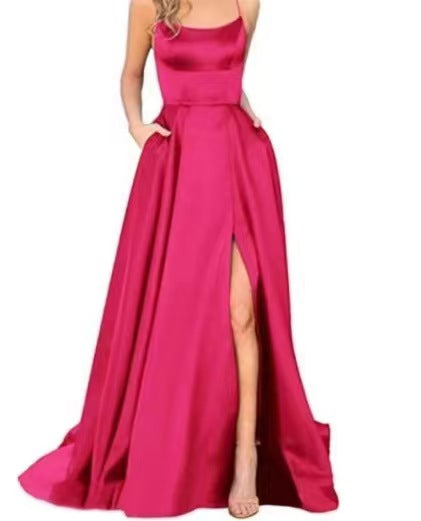 2023 Amazon European and American cross-border new bridesmaid dress long dress small tail strap solid color banquet evening dress